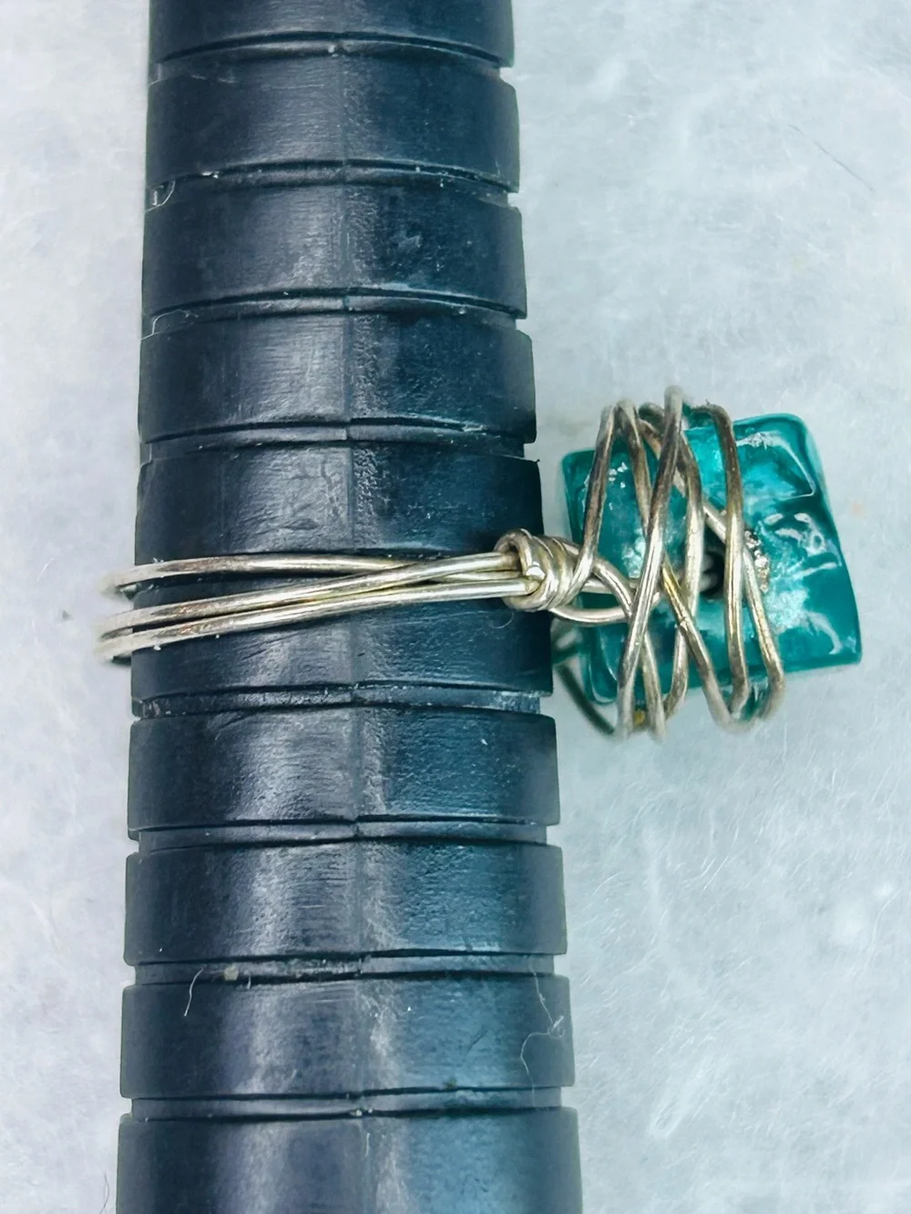 Vintage Artisan Wire Wrapped Aqua Glass Statement Ring (c. 2000s–2010s)